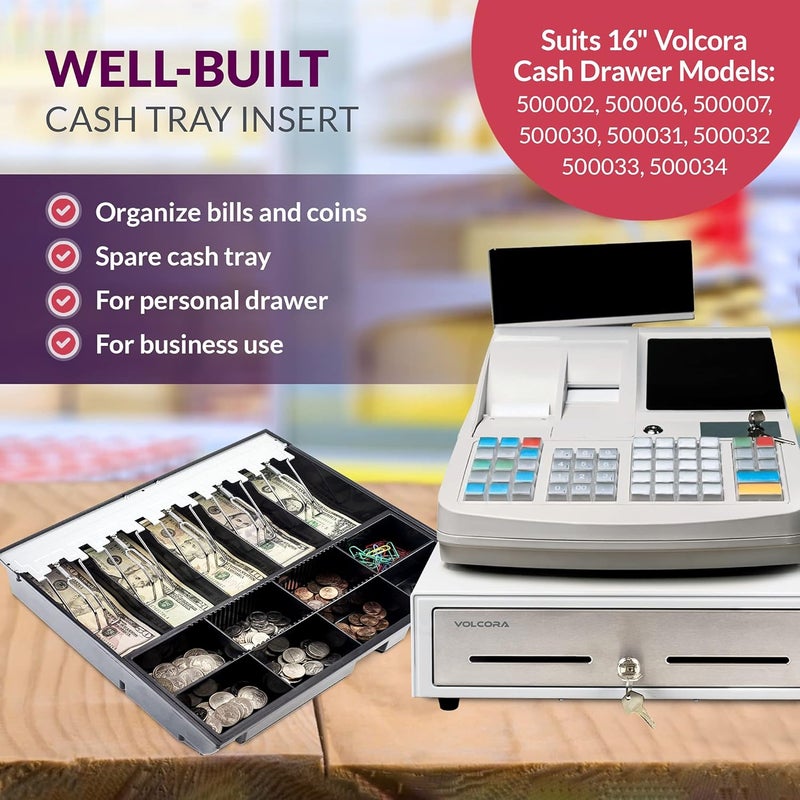 Volcora Cash Drawer Tray - 14.1 x 13 x 2.5 Inch Cash Register Insert - 5 Bill / 8 Coin Replacement Cash Tray - Stainless Steel Currency Compartment - 16" Cash Registers with Fully Removable Tray - Image 3
